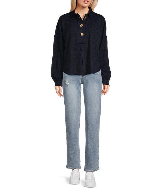 Blu Pepper Long Sleeve Collared Raw Edge Knit Top Product Image