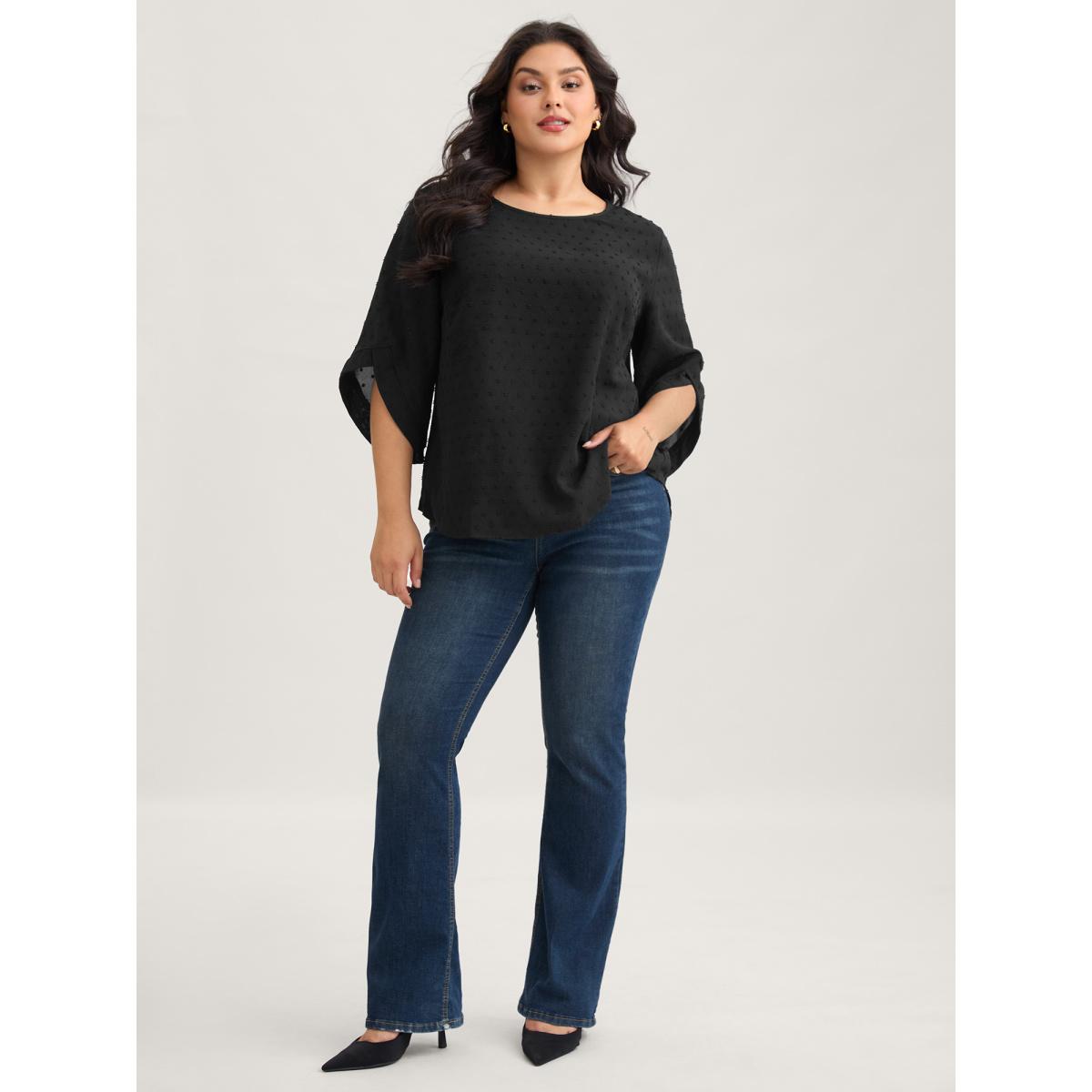 Plus Size Black Textured Round Neck Bell Sleeve Blouse Women Timeless Elbow-length sleeve Round Neck Elegant Blouses BloomChic 12/L Product Image