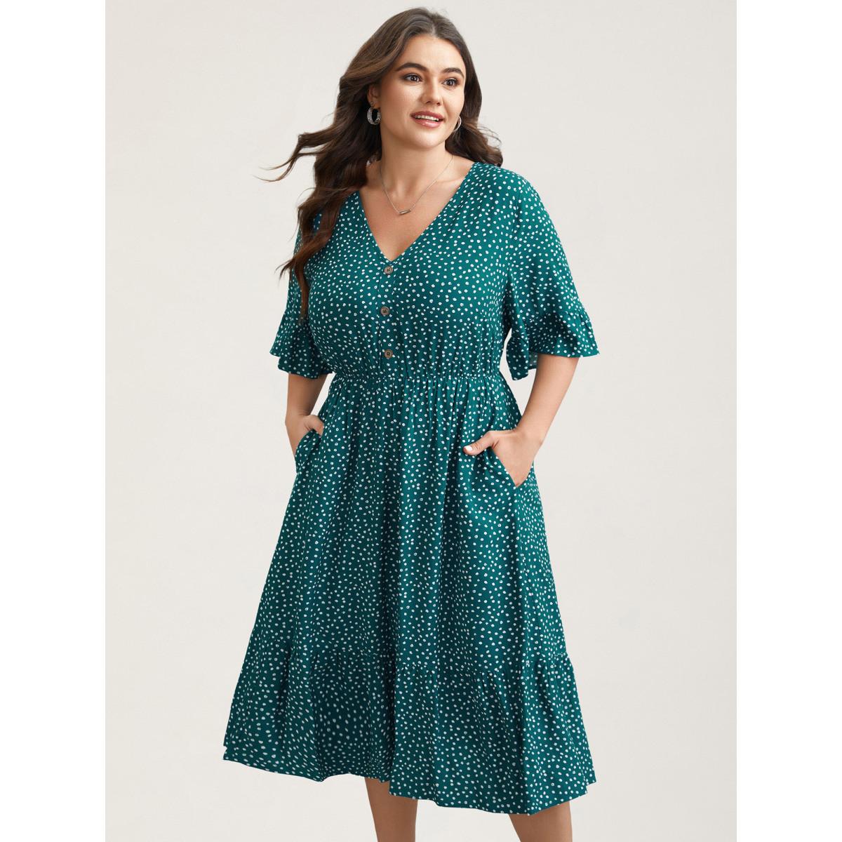 Plus Size Button Detail Front Tiered Ruffle Sleeve Midi Dress Cyan Women At the Office Button V-neck Half Sleeve Curvy BloomChic 28/5X Product Image