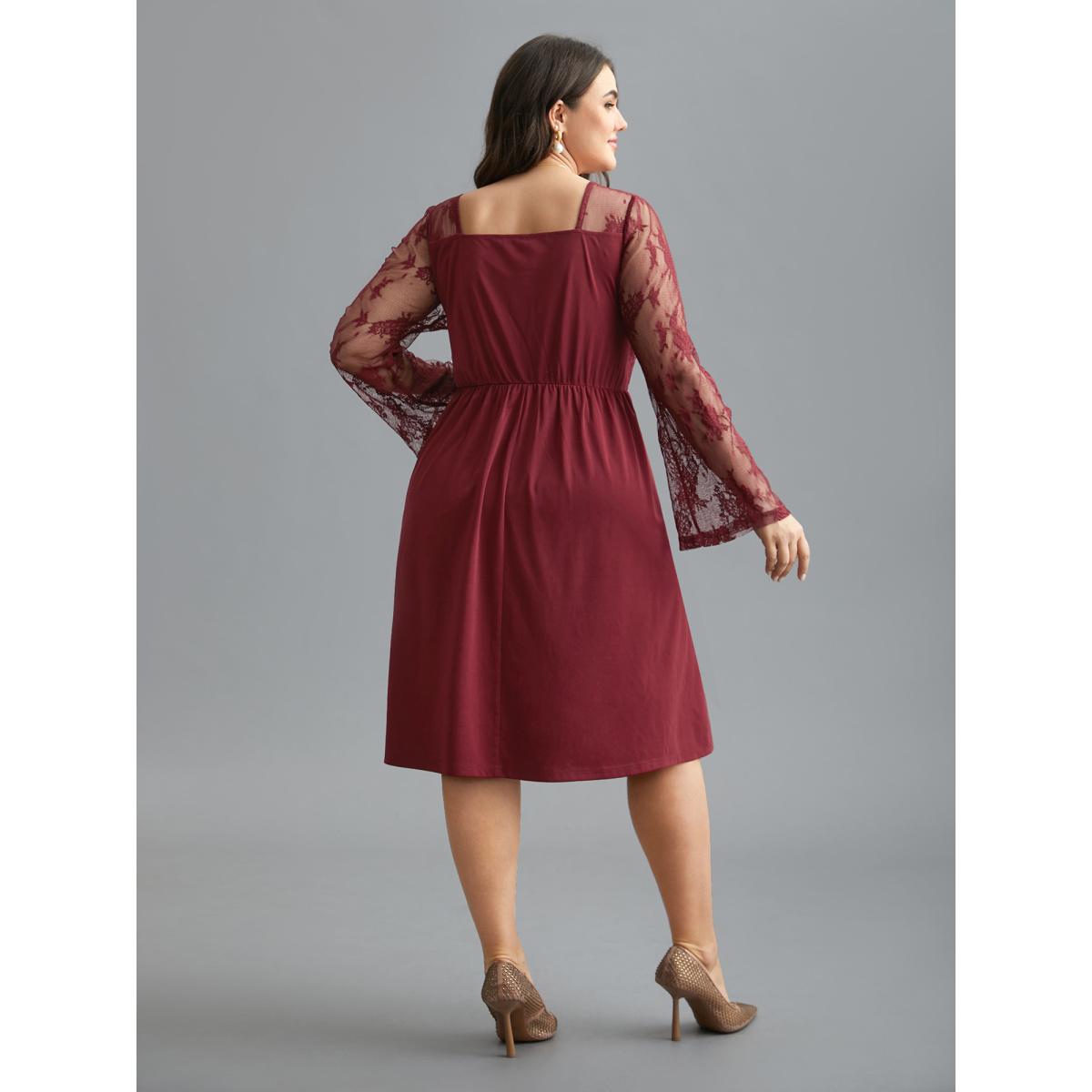 Plus Size Crochet Lace Mesh Bell Sleeve Dress Scarlet Women Elegant Woven ribbon&lace trim Heart neckline Long Sleeve Curvy BloomChic 14-16/1X Product Image