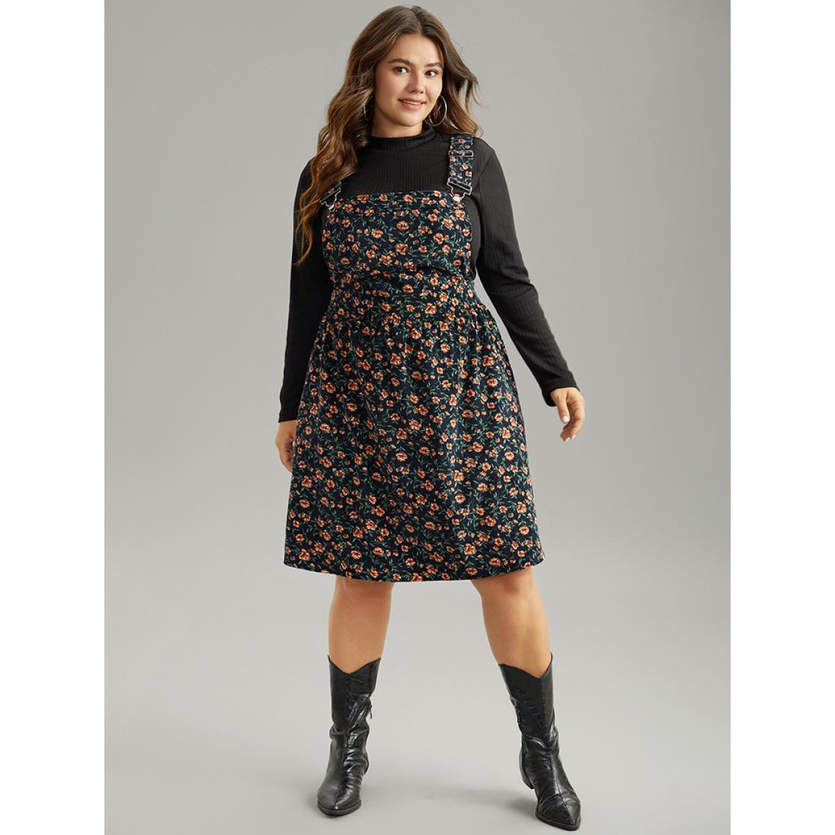 Plus Size Corduroy Ditsy Floral Pocket Adjustable Straps Dress Indigo Women Casual Adjustable Straps Spaghetti Strap Sleeveless Curvy Knee Dress BloomChic 18-20/2X Product Image