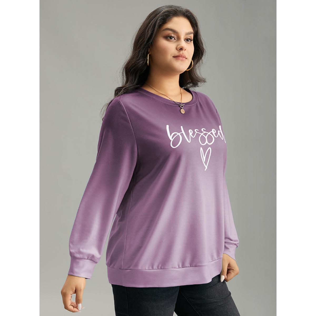 Plus Size Letter Print Ombre Crew Neck Sweatshirt Women Purple Casual Printed Dailywear Sweatshirts BloomChic 10/M Product Image