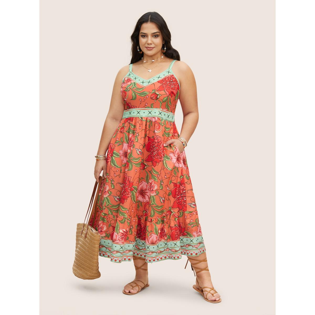 Plus Size Floral Print Elastic Waist Shirred Cami Dress Salmon Women Resort Non V-neck Sleeveless Curvy BloomChic 10/M Product Image