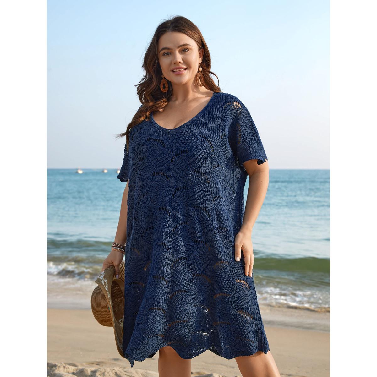 Plus Size Cut-Out Solid V-Neck Swimsuit Coverup Women's Swimwear Indigo Resort Loose Texture Curve Swim Cover Ups BloomChic 22-24/3X Product Image