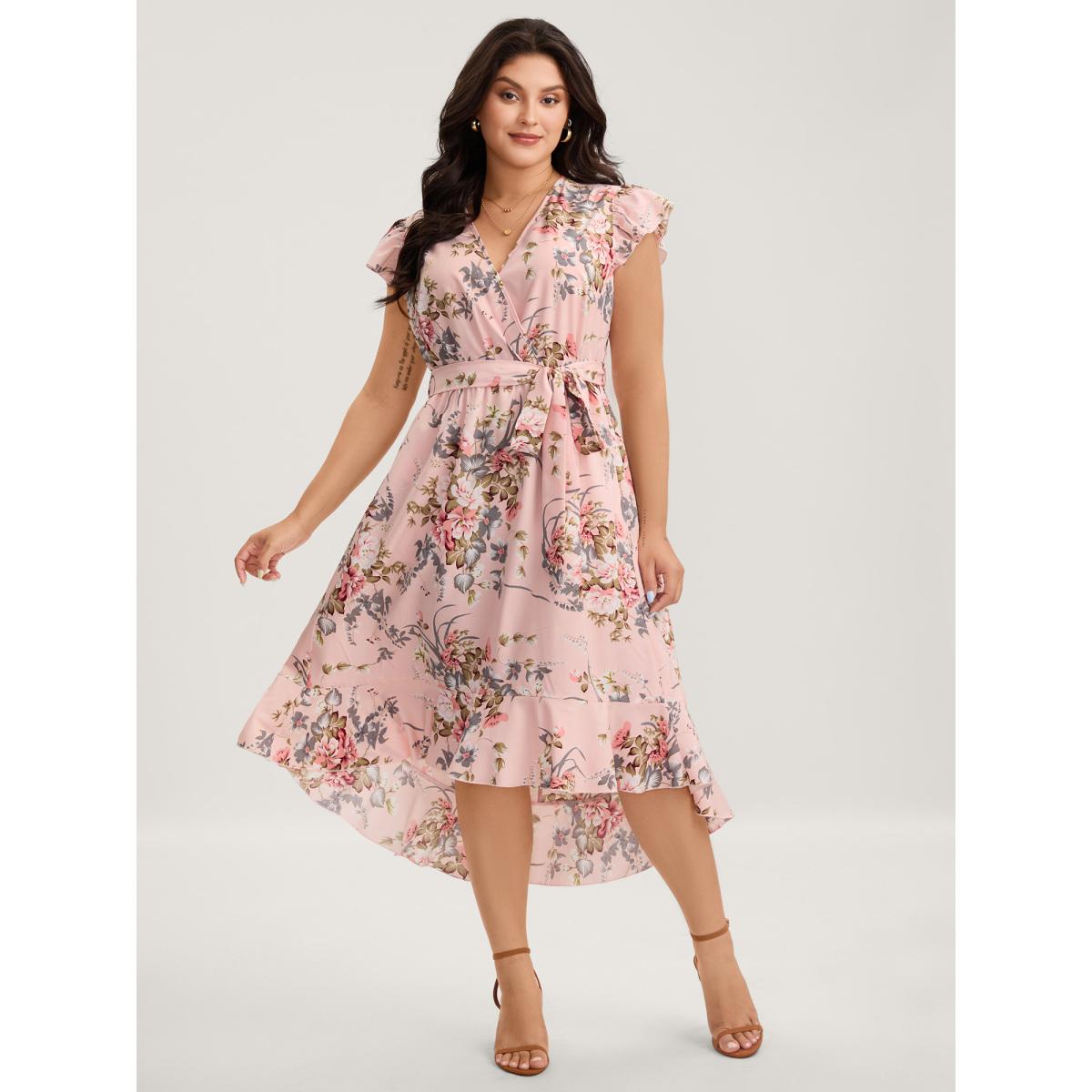 Plus Size Midnight Blooms Wrap A-Line Midi Dress Lightpink Women Overlap Collar Cap Sleeve Curvy BloomChic 12/L Product Image