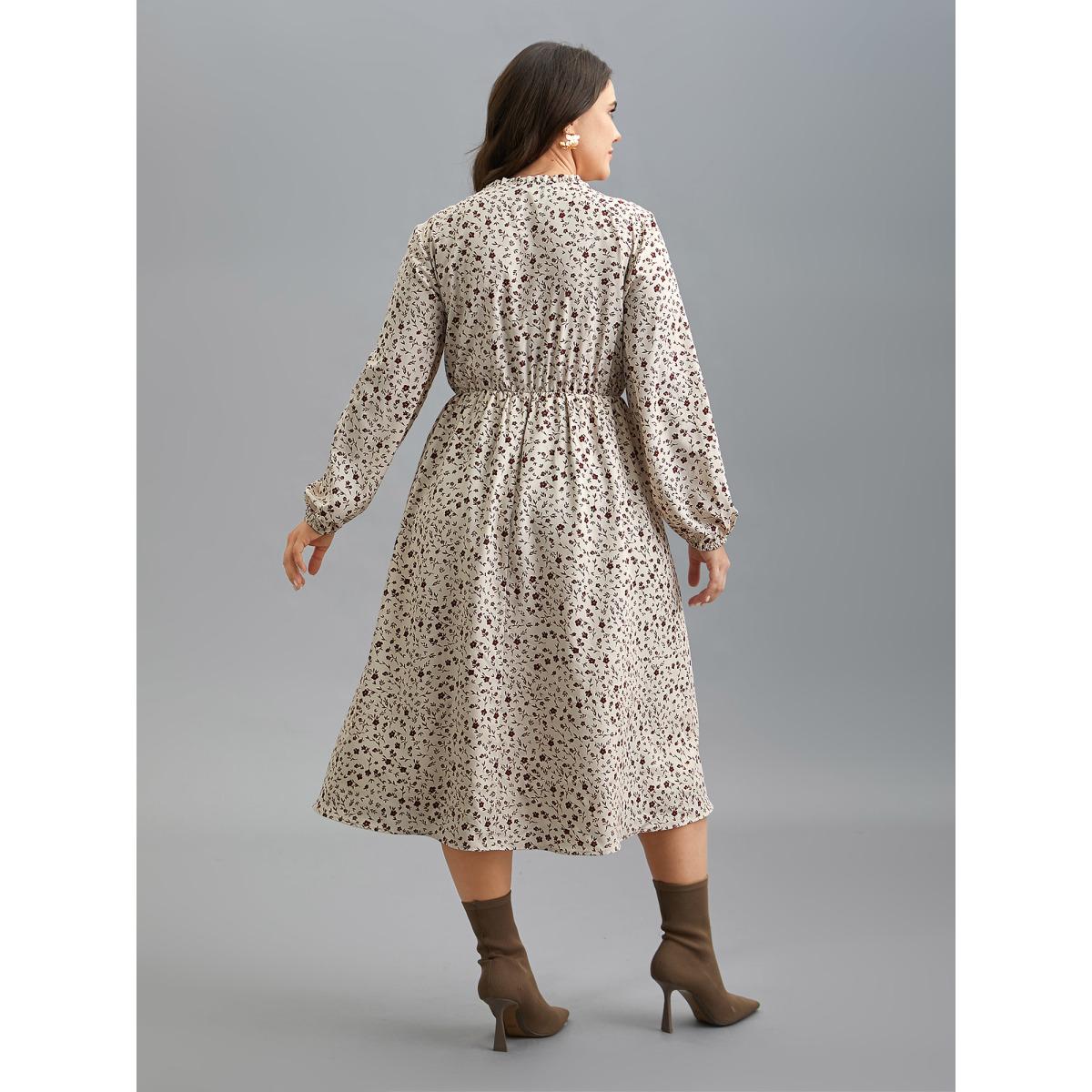 Plus Size Stretchy-Waist Printed Pockets Midi Dress Apricot Women Elegant Frill Trim Round Neck Long Sleeve Curvy BloomChic 22-24/3X Product Image