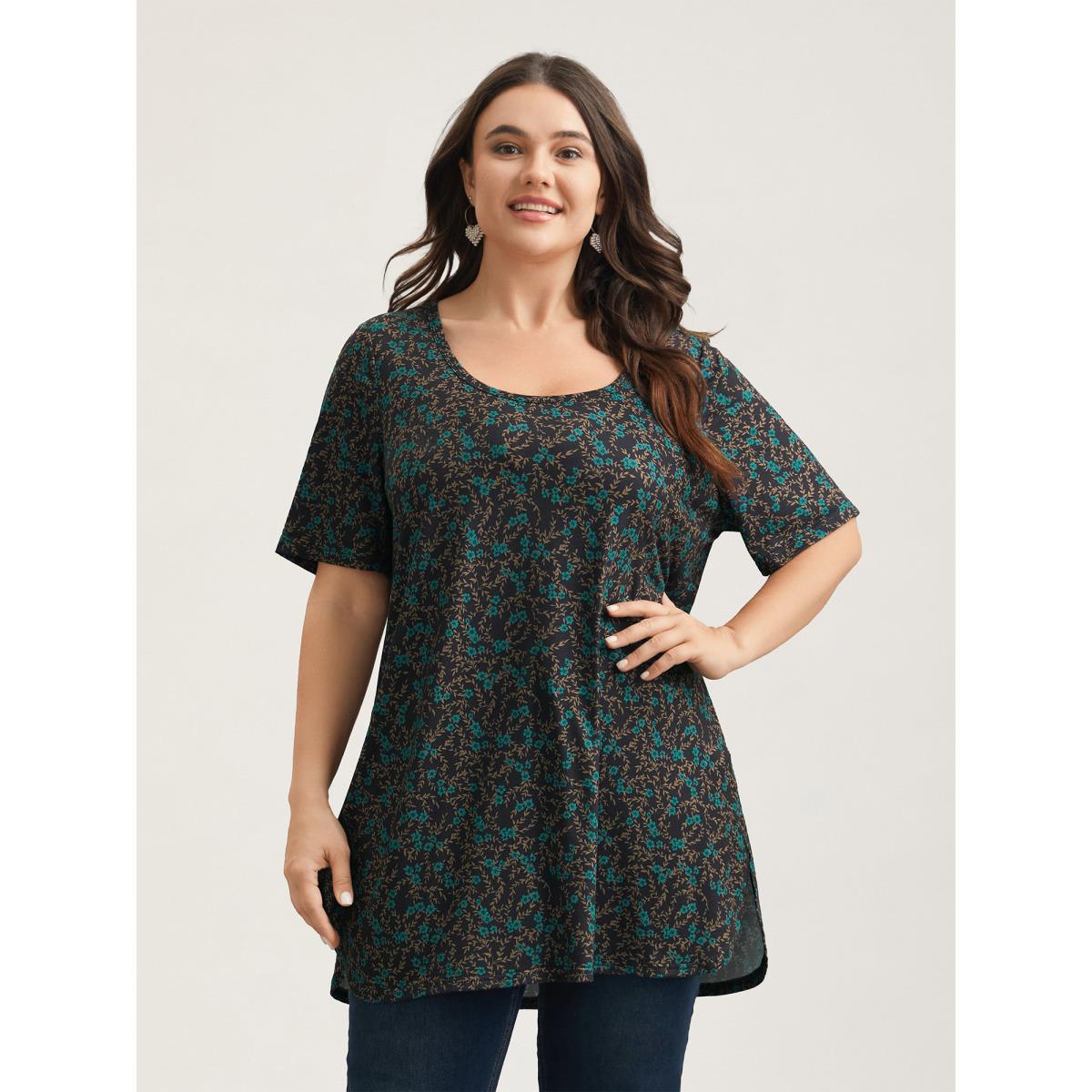 Plus Size Floral Print Round Neck Slit T-Shirt Multicolor Women Elegant Contrast Natural Flowers U-neck Loose Everyday T-shirts BloomChic 28/5X Product Image