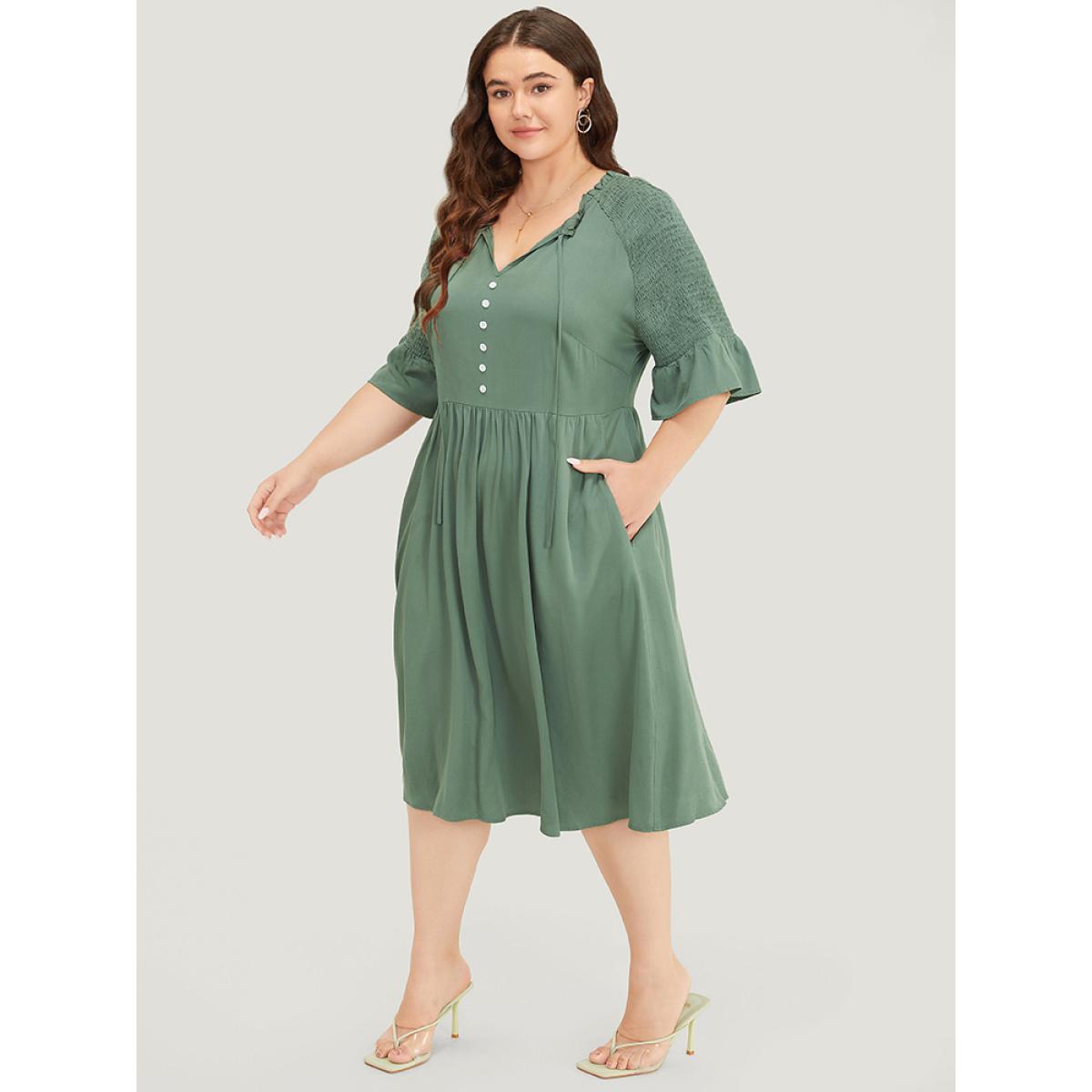 Plus Size Plain Frill Trim Button Detail Pocket Ruffles Shirred Sleeve Dress Mint Women Elegant Frill Trim V-neck Half Sleeve Curvy Midi Dress BloomChic 22-24/3X Product Image
