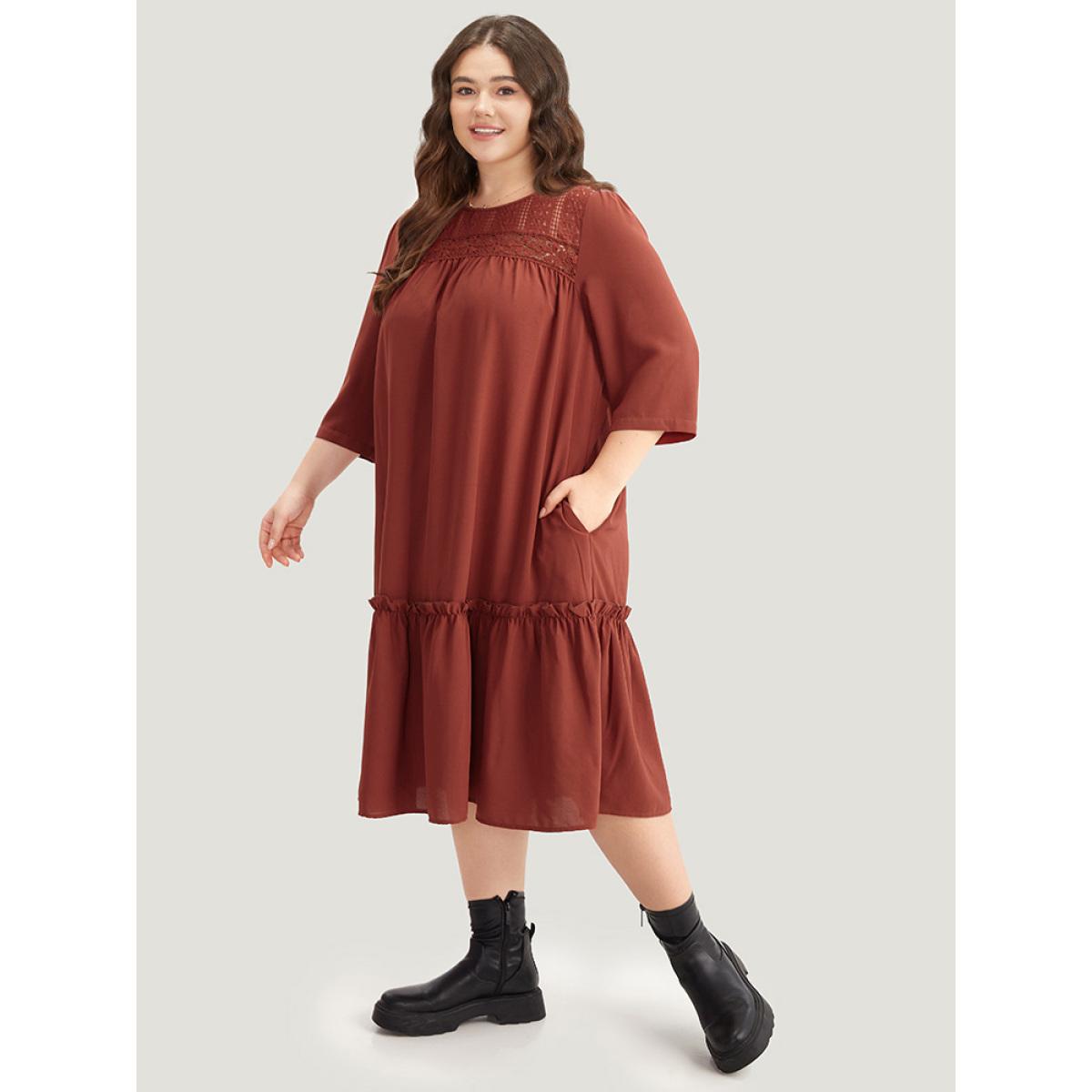 Plus Size Guipure Lace Frill Trim Cut Out Ruffle Hem Dress Russet Women Casual Gathered Round Neck Elbow-length sleeve Curvy Midi Dress BloomChic 28/5X Product Image