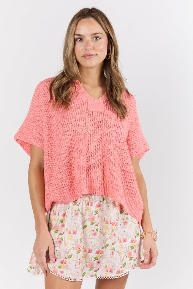 Make Waves Coral Short Sleeve Textured Lightweight Sweater FINAL SALE Product Image