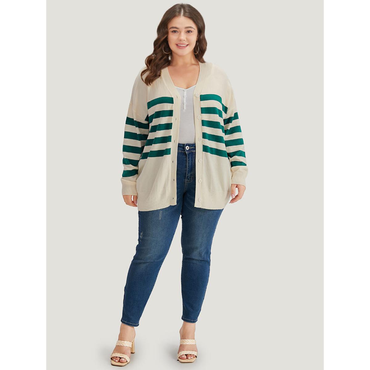 Plus Size Supersoft Essentials Striped Contrast Button Up Cardigan Beige Women Casual Loose Long Sleeve Dailywear Cardigans BloomChic 28/5X Product Image