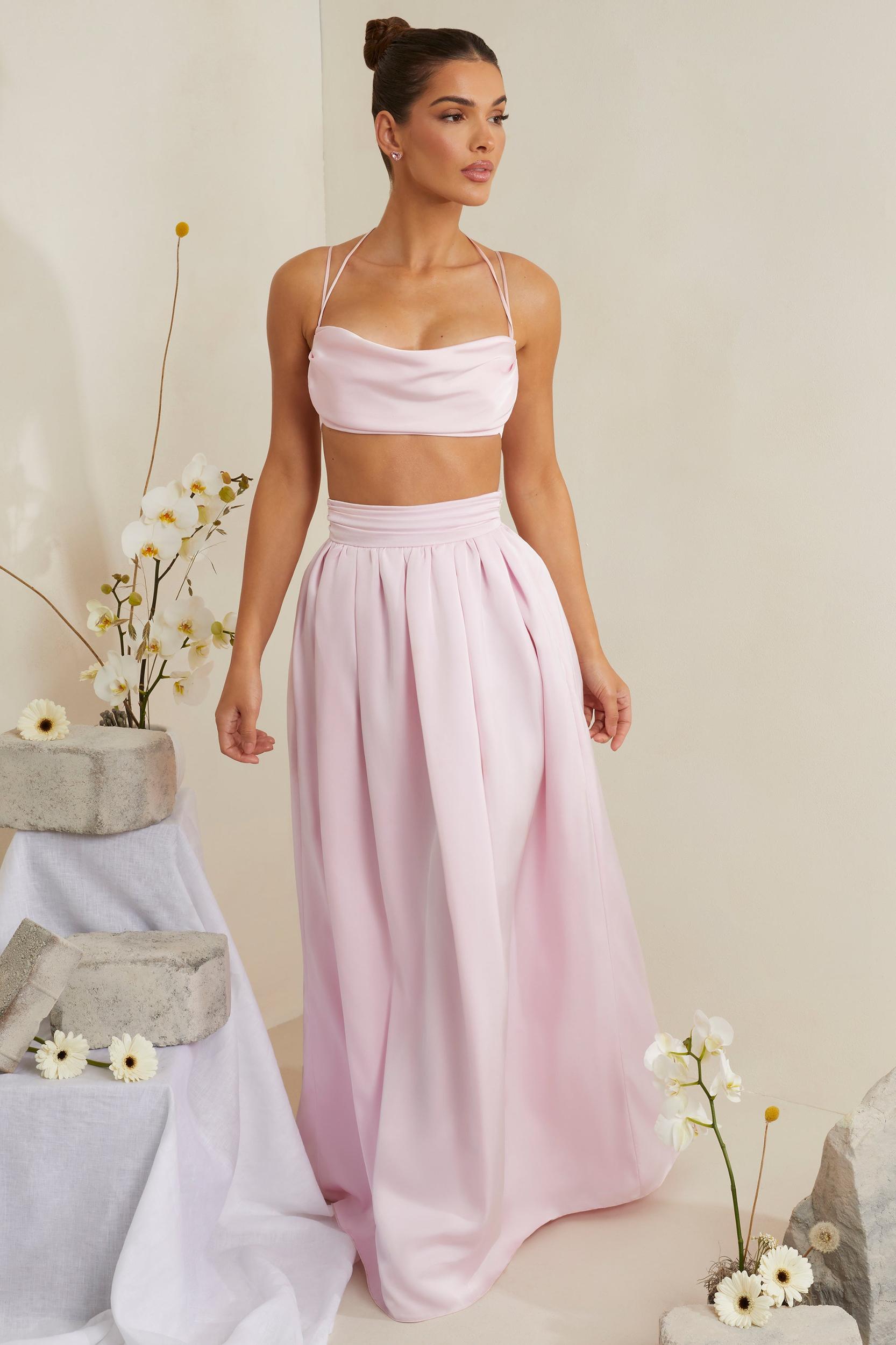 Cowl Neck Heavy Satin Crop Top in Pink Product Image