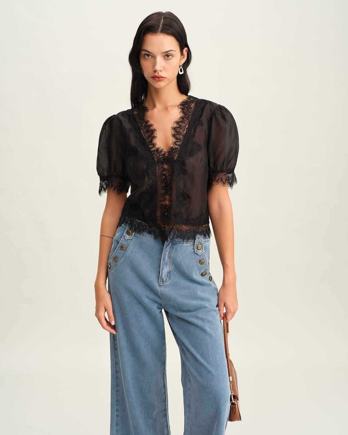 Black Puffed Sleeve Lace Blouse Product Image