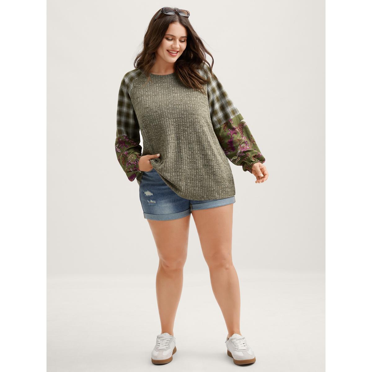 Plus Size Plaid Sleeve Color Contrast Textured Sweatshirt Women ArmyGreen Leisure Texture Round Neck Casual Sweatshirts BloomChic 12/L Product Image