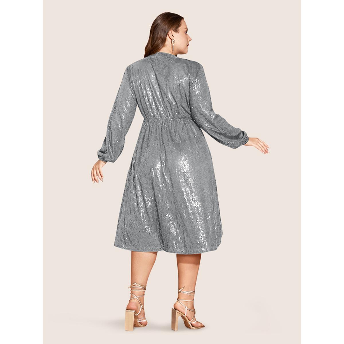 Plus Size Solid Pocket Lantern Sleeve Wrap Sequin Dress LightGray Women Party Pocket Overlap Collar Long Sleeve Curvy Midi Dress BloomChic 18-20/2X Product Image