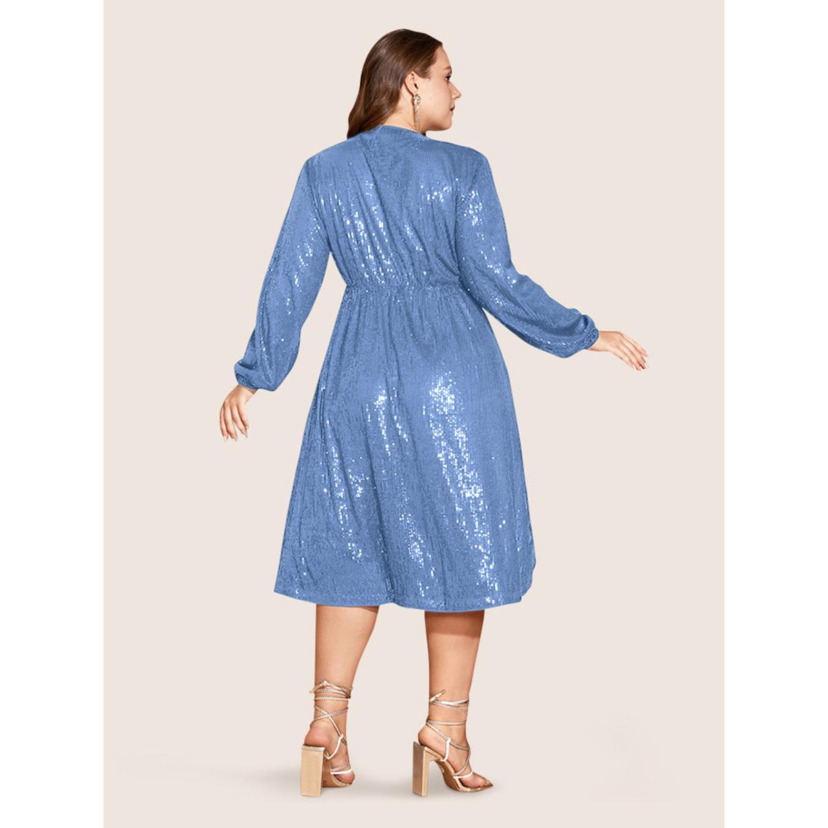 Plus Size Solid Pocket Lantern Sleeve Wrap Sequin Dress Skyblue Women Party Pocket Overlap Collar Long Sleeve Curvy Midi Dress BloomChic 10/M Product Image
