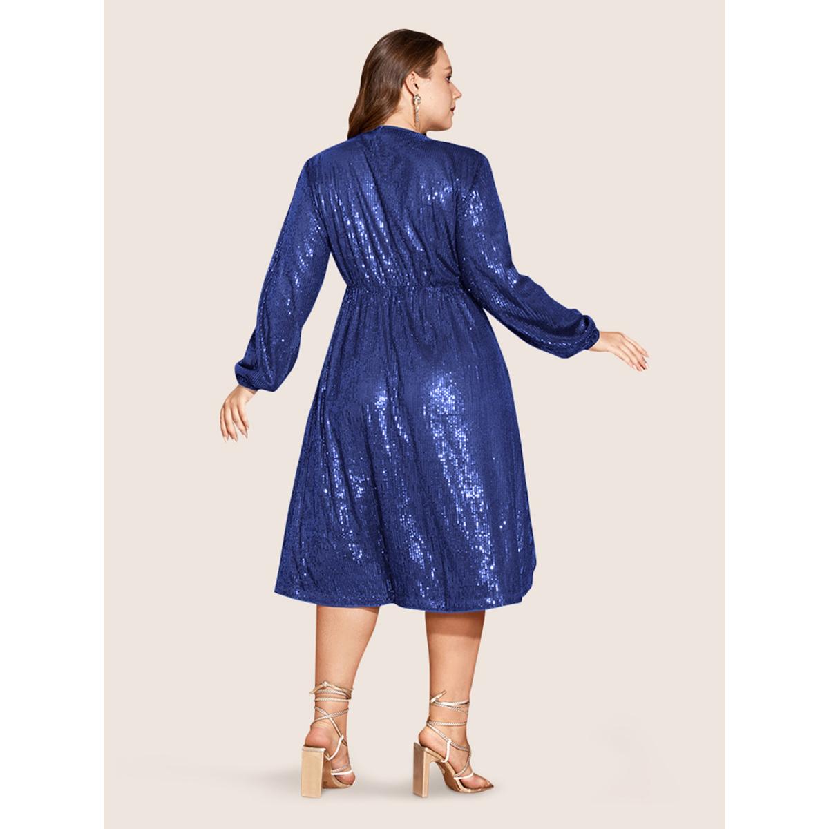 Plus Size Solid Pocket Lantern Sleeve Wrap Sequin Dress Deeppurplered Women Party Pocket Overlap Collar Long Sleeve Curvy Midi Dress BloomChic 30/6X Product Image