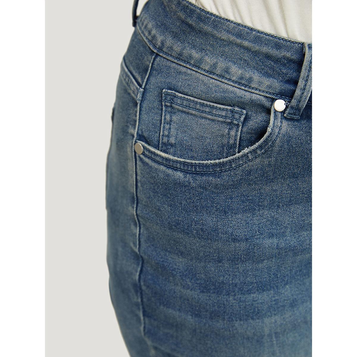 Plus Size Flare Leg Very Stretchy Medium Wash Contrast Hem Jeans Women LightBlue Casual Plain High stretch Pocket Jeans BloomChic 16/1X Product Image