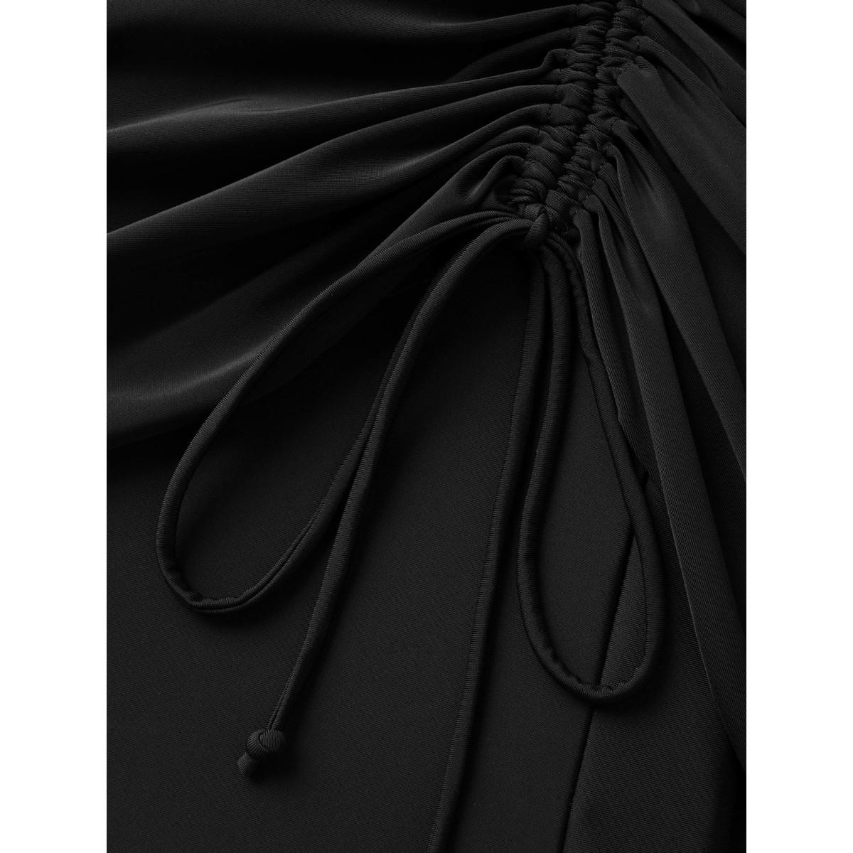 Plus Size Contrast Webbing Patchwork Drawstring Gathered Swim Bottom Women's Swimwear Black Beach Woven ribbon&lace trim High stretch Skinny High Rise Side seam pocket Curve Swim Bottoms BloomChic 26/4X Product Image