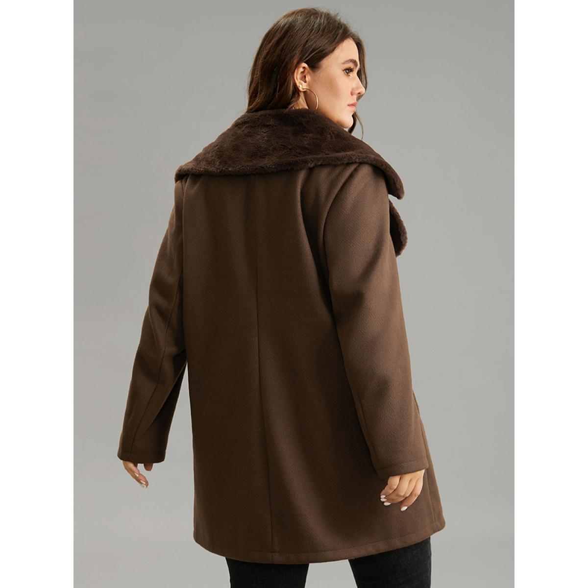 Plus Size Plain Lapel Collar Fuzzy Trim Patchwork Button Up Coat Women DarkBrown Casual Lined Ladies Dailywear Winter Coats BloomChic 10/M Product Image