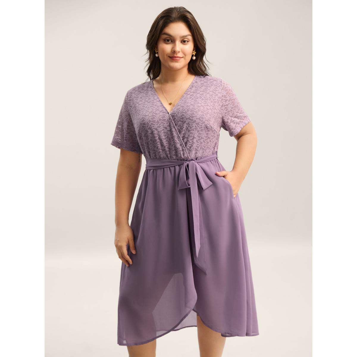 Plus Size Lace Sheer Stretchy Waist Tie Midi Dress Mauve Women Overlap Collar Short sleeve Curvy BloomChic 10/M Product Image