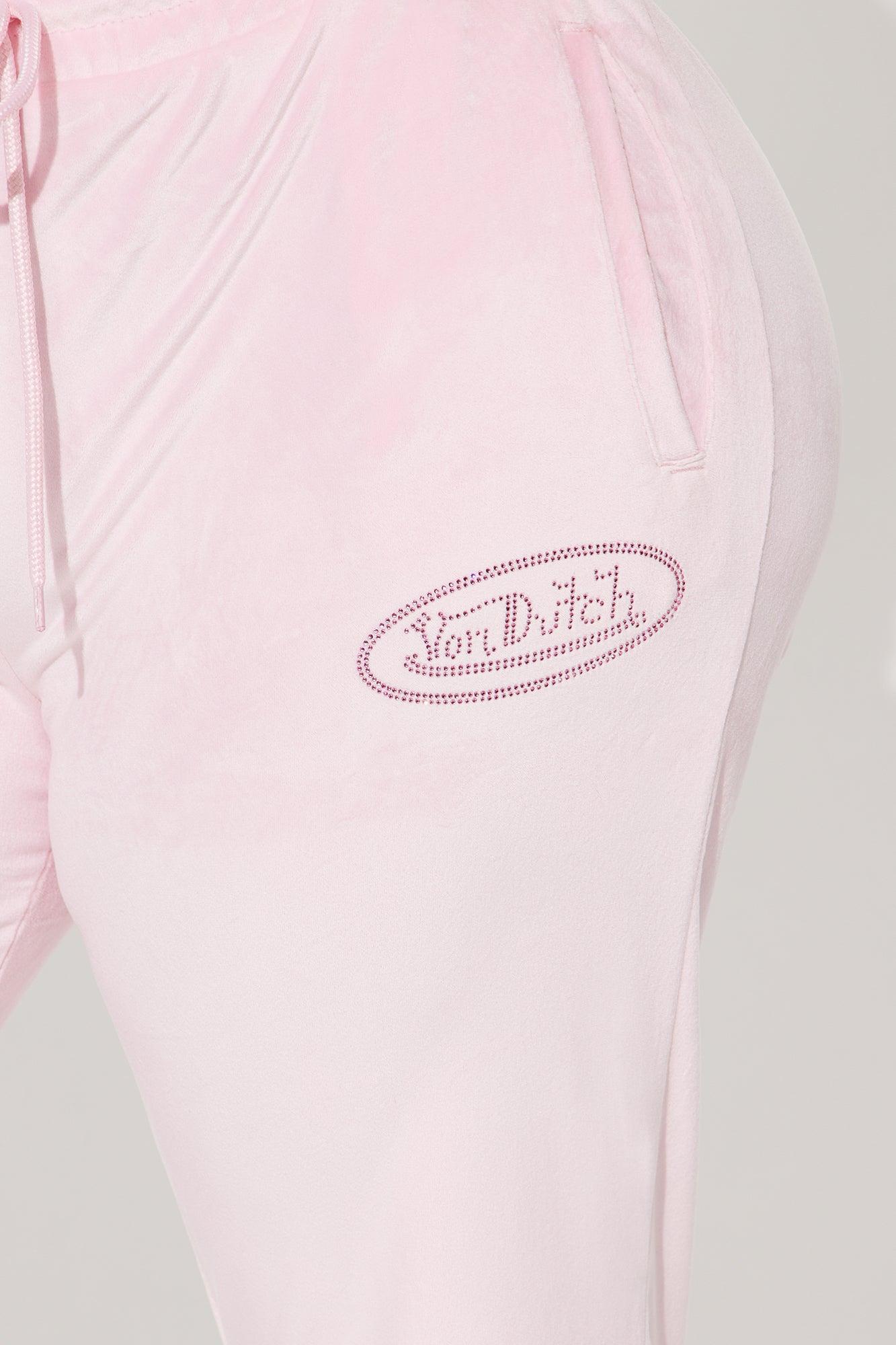 Von Dutch Velour Rhinestone Wide Leg Pant - Pink Product Image