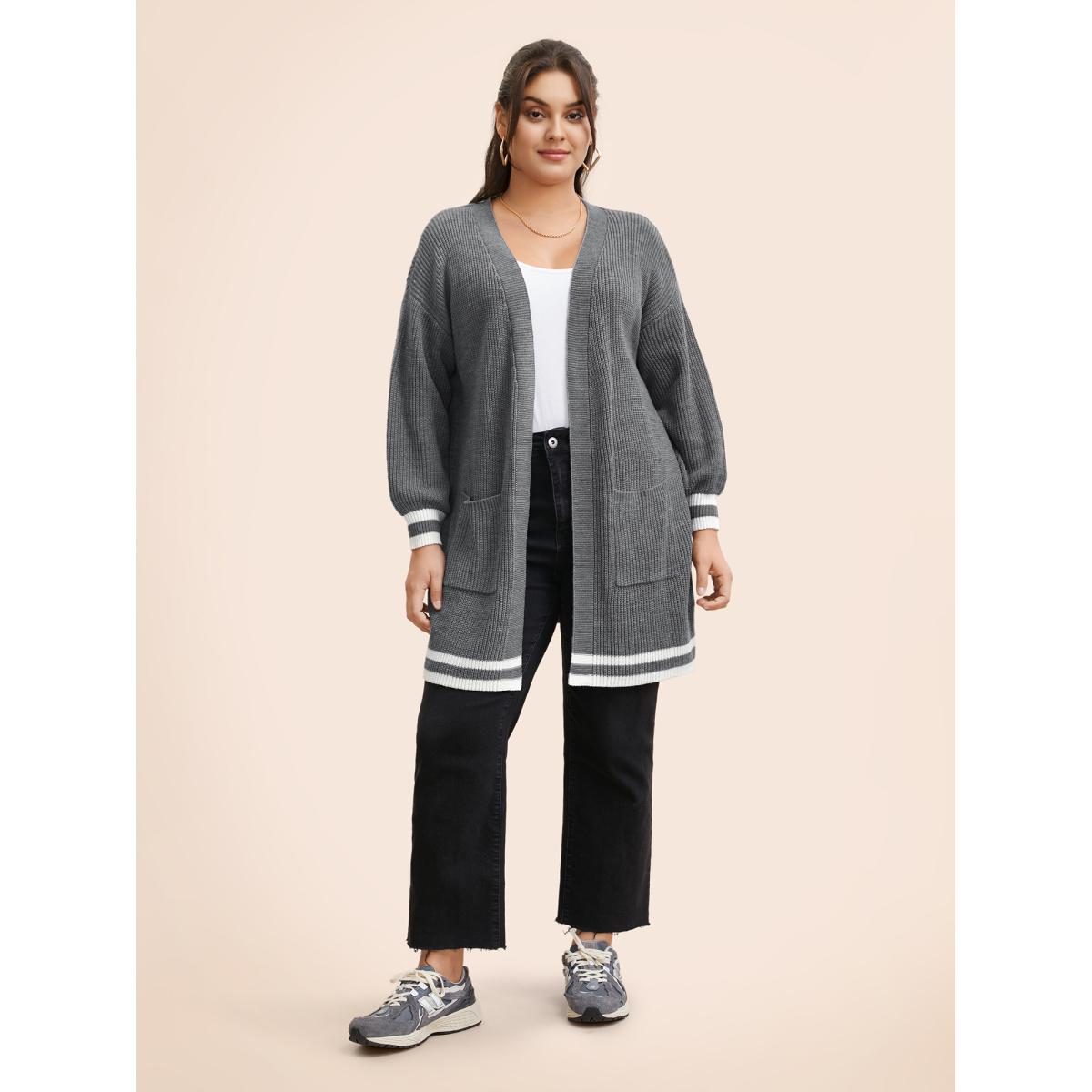 Plus Size Texture Striped Patchwork Patched Pocket Cardigan DarkGray Women Casual Loose Long Sleeve Everyday Cardigans BloomChic 30/6X Product Image