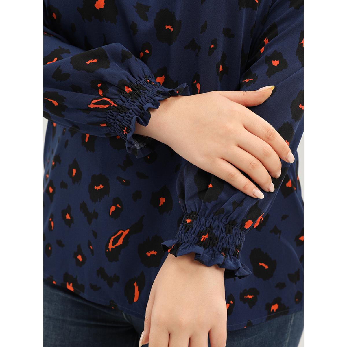 Plus Size DarkBlue Allover Print Ruffle Trim Lantern Sleeve Shirred Blouse Women Elegant Long Sleeve Mock Neck Dailywear Blouses BloomChic 30/6X Product Image