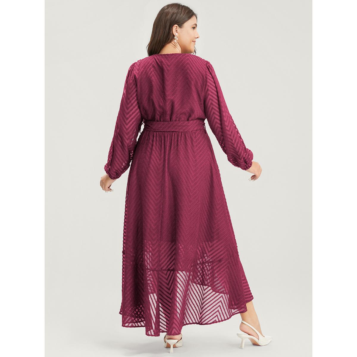 Plus Size Solid Geometric Wrap Pocket Belted Asymmetrical Hem Dress RedViolet Women Glamour Plain V-neck Long Sleeve Curvy Long Dress BloomChic 26/4X Product Image