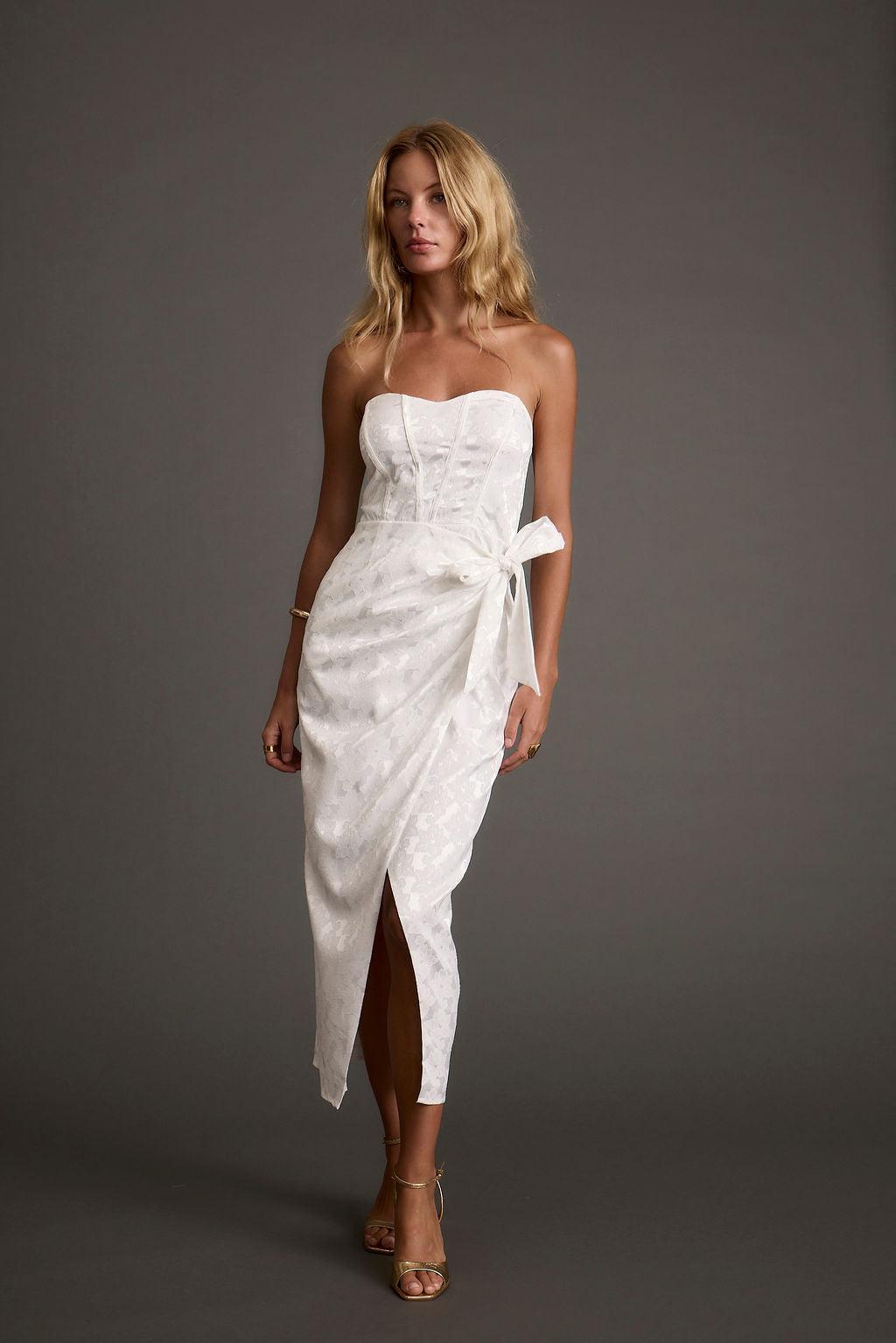 Brighton White Strapless Satin Wrap Dress Product Image