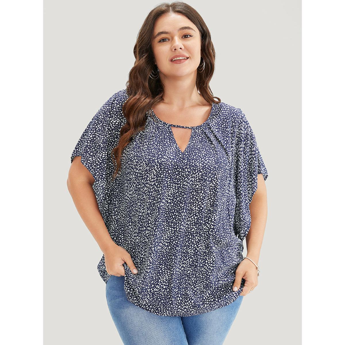 Plus Size Indigo Polka Dot Ruffle Sleeve Keyhole Neck Blouse Women Elegant Short sleeve Round Neck Dailywear Blouses BloomChic 14-16/1X Product Image