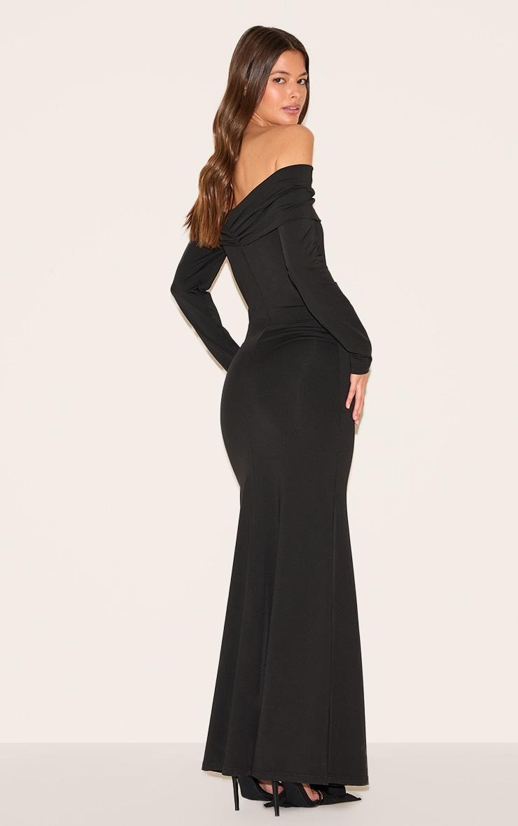 Black Bardot Long Sleeve Trim Drape Detail Maxi Dress Product Image
