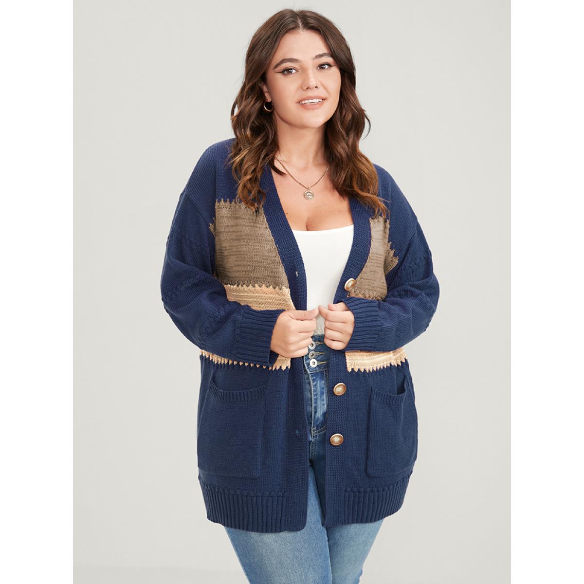 Plus Size Colorblock Contrast Pointelle Knit Pocket Jacquard Button Front Cardigan Multicolor Women Casual Loose Long Sleeve Dailywear Cardigans BloomChic 12/L Product Image