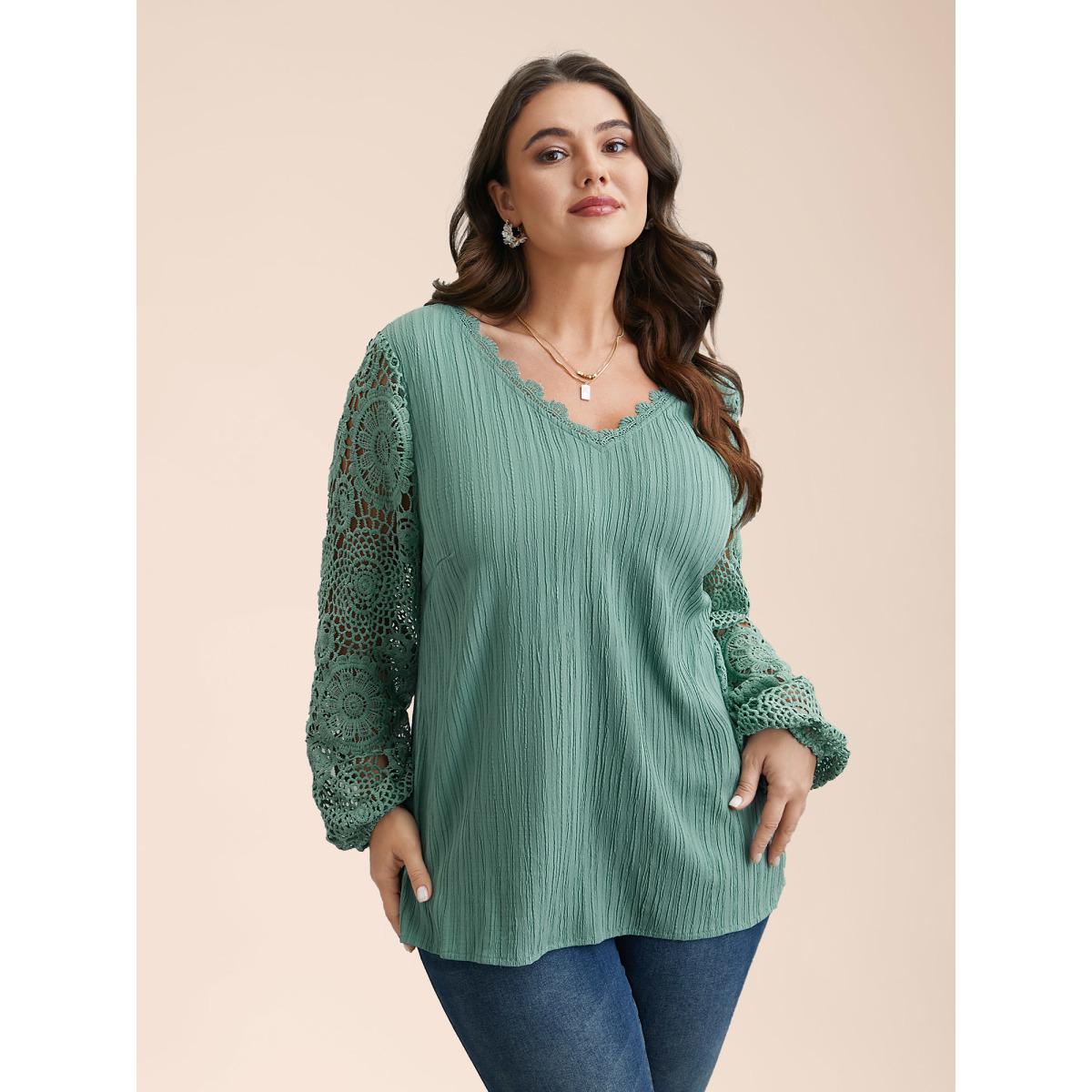 Plus Size Greenbean Scalloped Lace Textured Sheer Sleeve Blouse Women Timeless Extra Long Sleeve V-neck Elegant Blouses BloomChic 22-24/3X Product Image