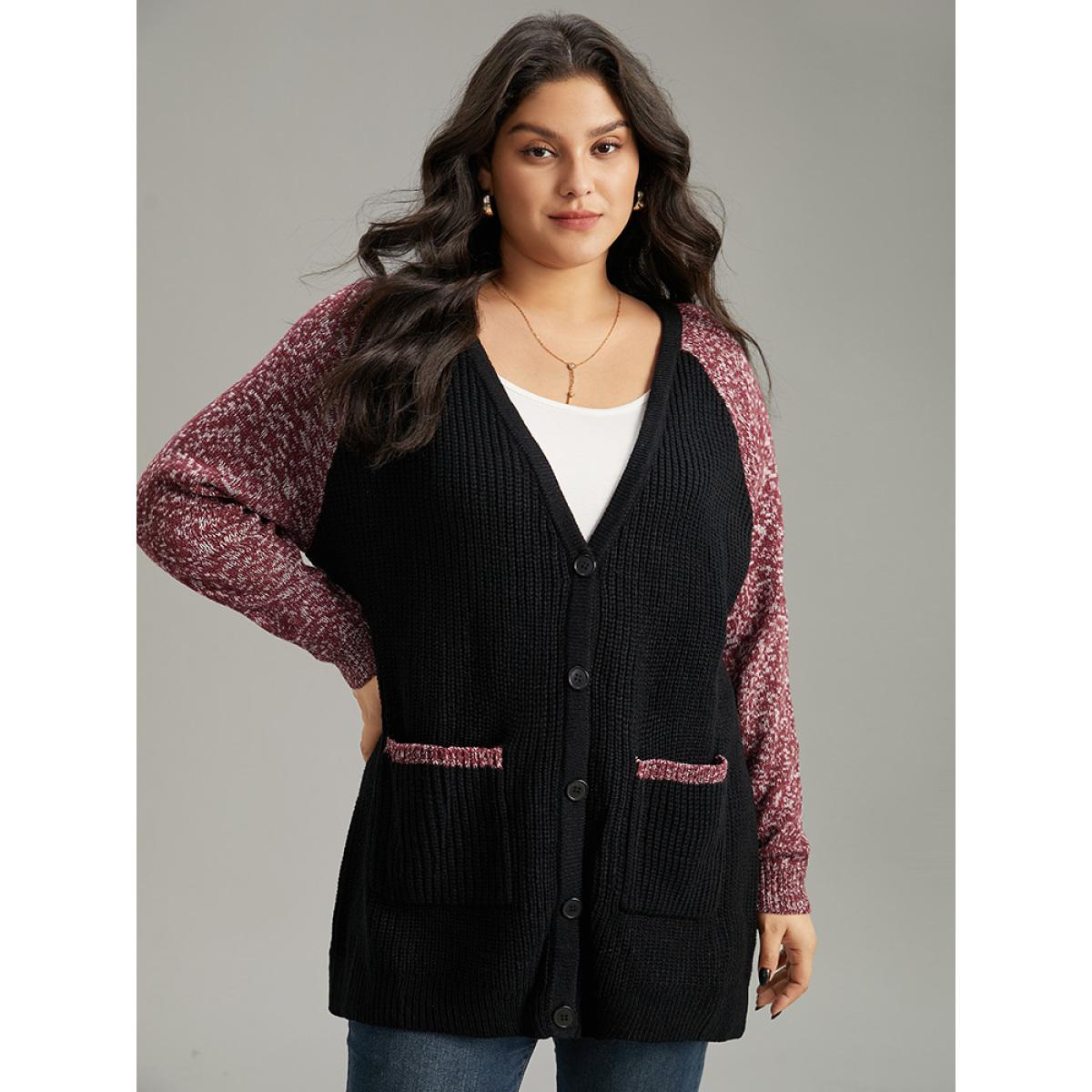 Plus Size Heather Patchwork Raglan Sleeve Pocket Cardigan Black Women Casual Loose Long Sleeve Dailywear Cardigans BloomChic 18-20/2X Product Image