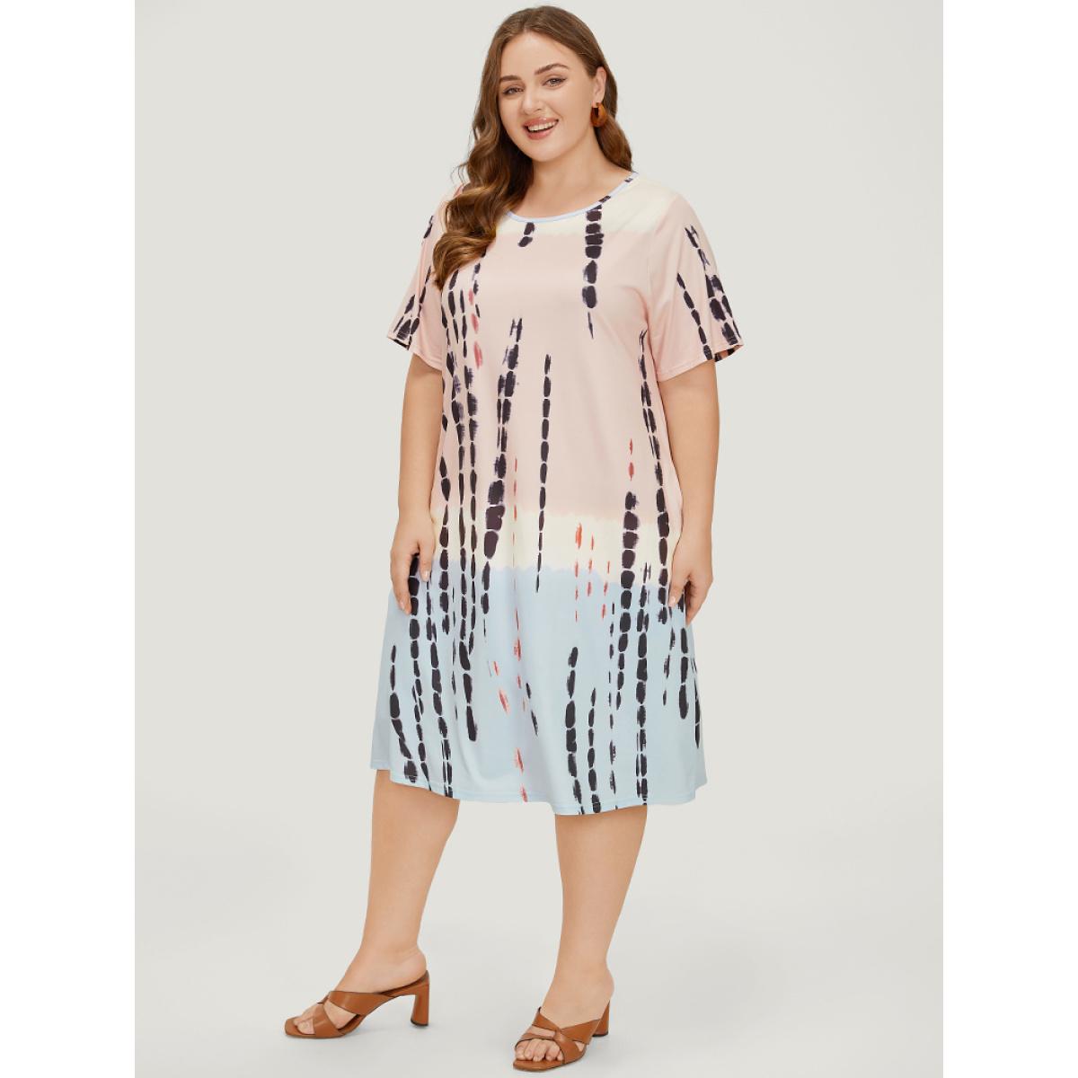 Plus Size Tie Dye Crew Neck Pocket Color Block Contrast Dress Multicolor Women Vacation Contrast Round Neck Short sleeve Curvy Midi Dress BloomChic 14-16/1X Product Image