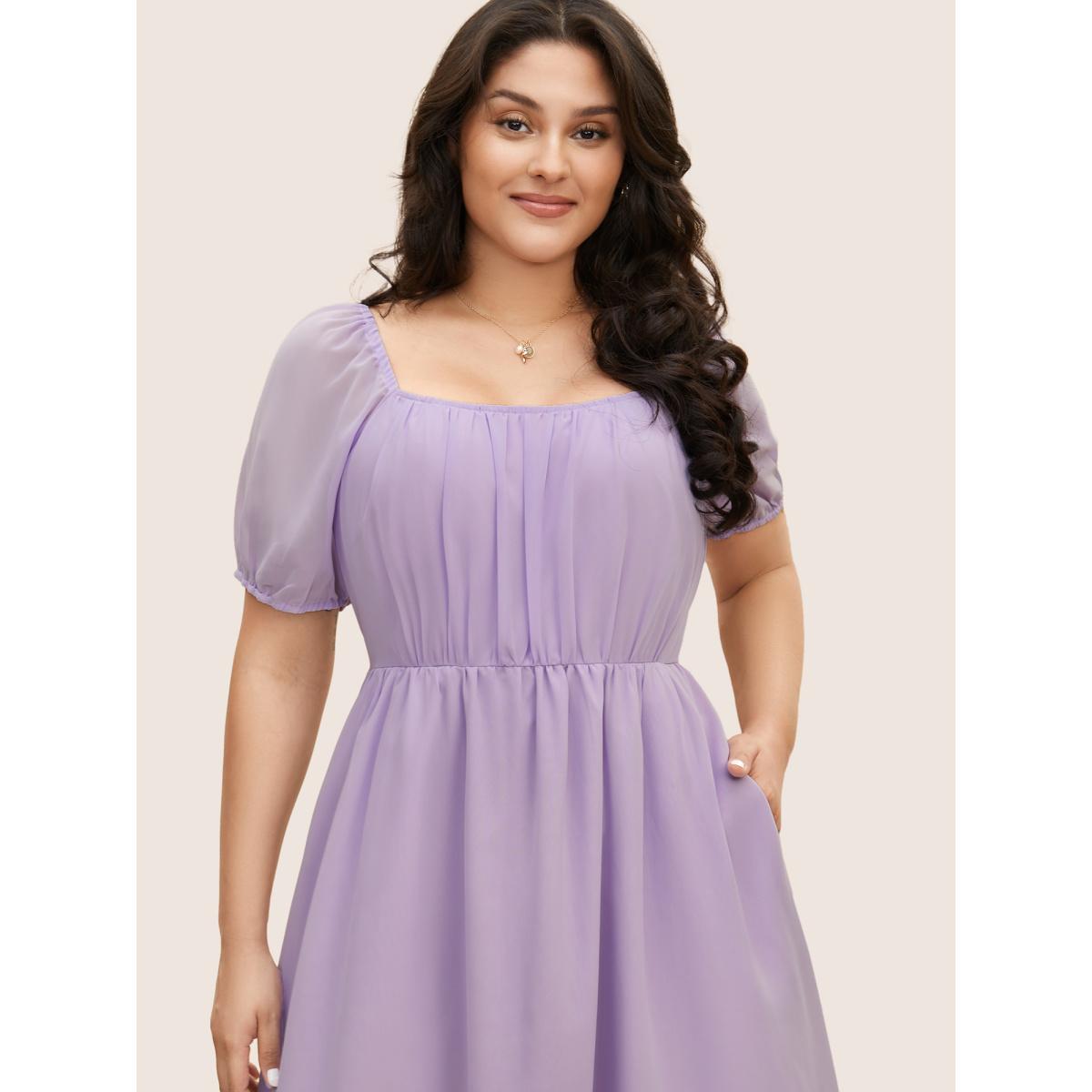 Plus Size Chiffon Square Neck Lantern Sleeve Dress Lavender Women Elegant Gathered Square Neck Short sleeve Curvy BloomChic 22-24/3X Product Image