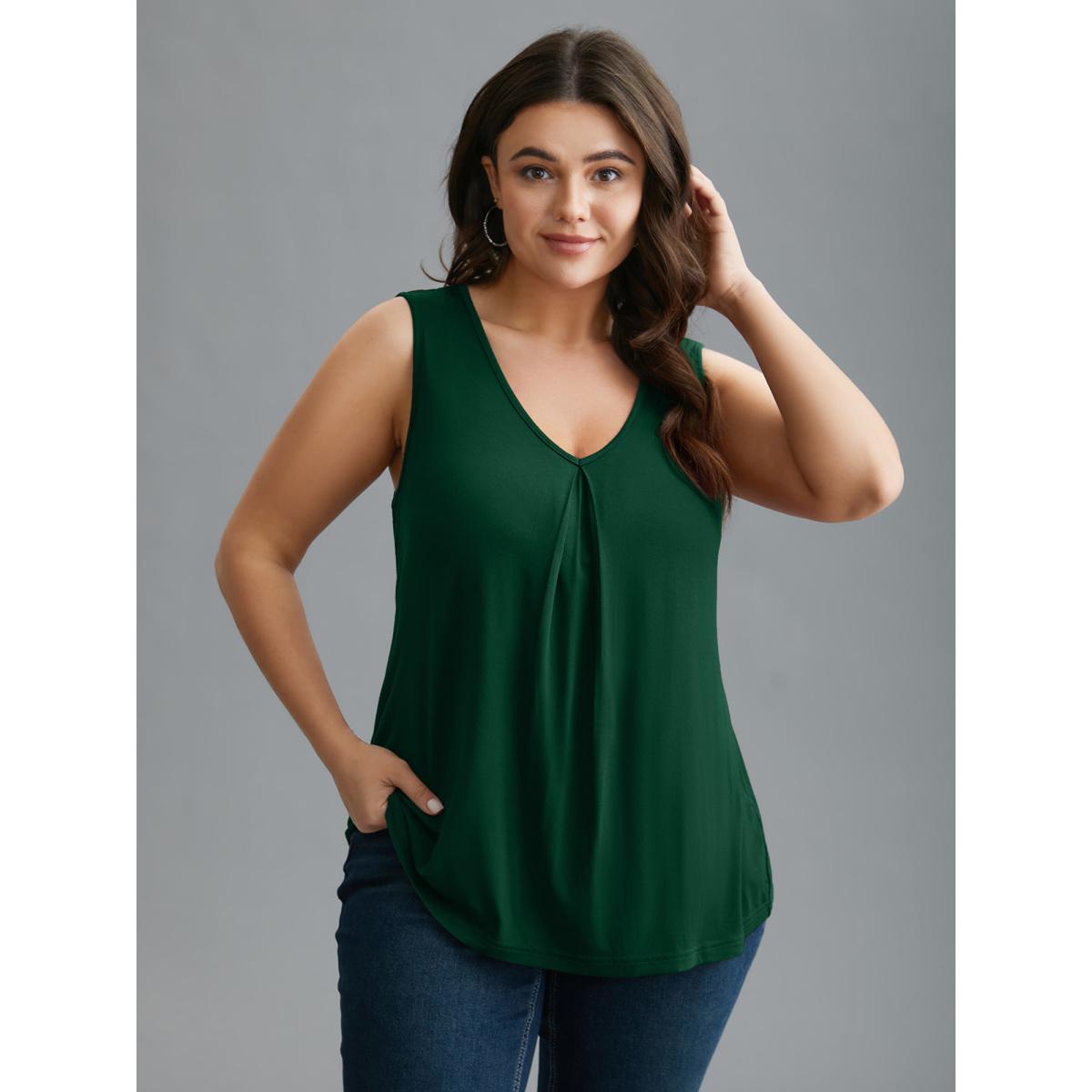 Plus Size Supersoft Essentials V-Neck Tank Top Women DarkGreen Casual Pleated V-neck Everyday Tank Tops Camis BloomChic 30/6X Product Image