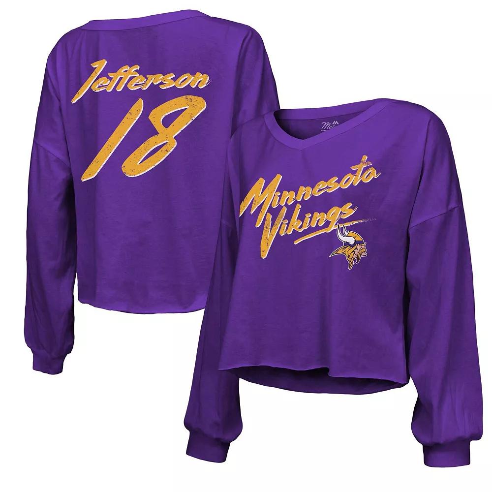 Women's Majestic Threads Justin Jefferson Purple Minnesota Vikings Name & Number Off-Shoulder Script Cropped Long Sleeve V-Neck T-Shirt,  Product Image