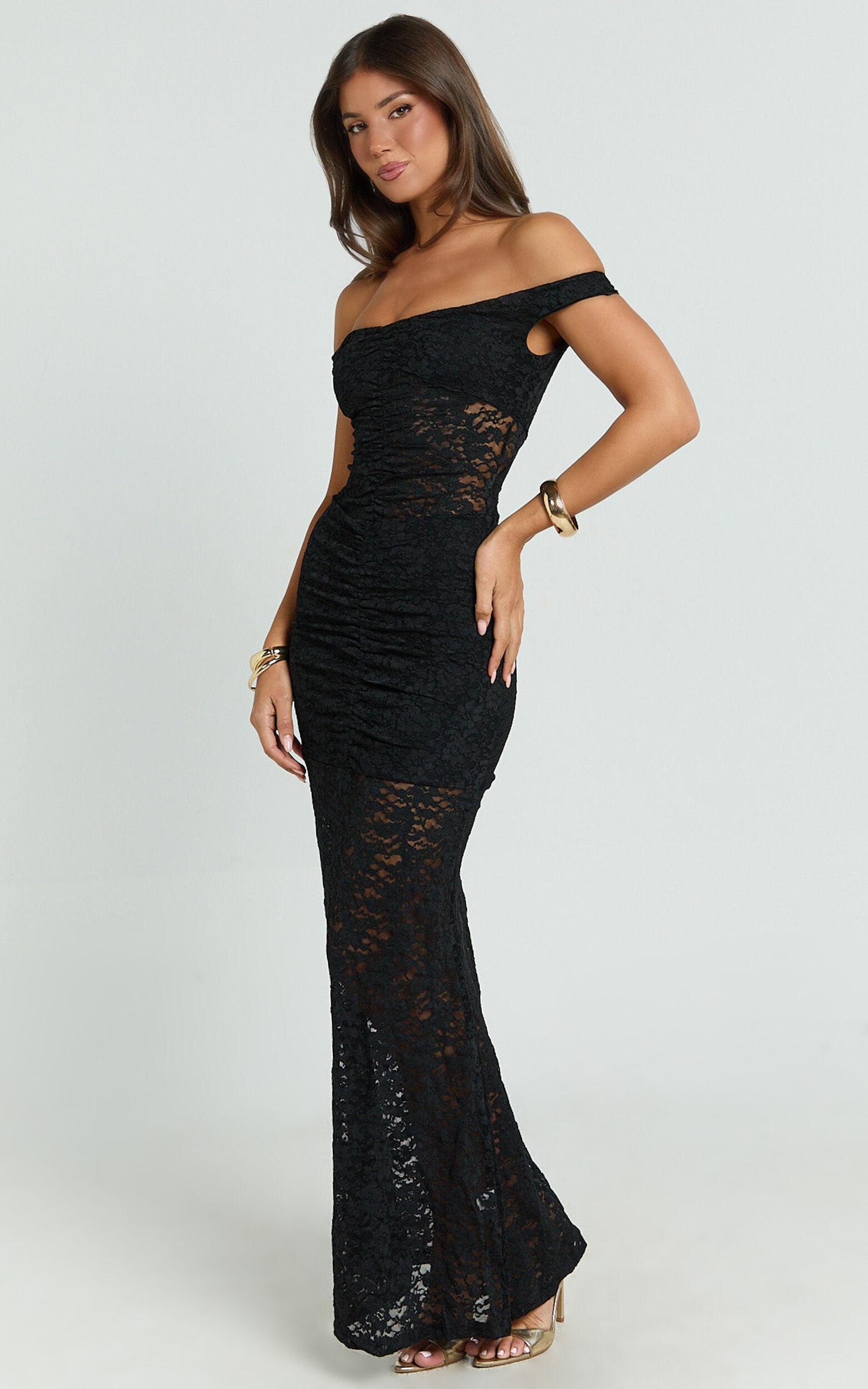 Brenda Maxi Dress - Lace Scoop Neck Keyhole Bodycon Dress in Black Product Image