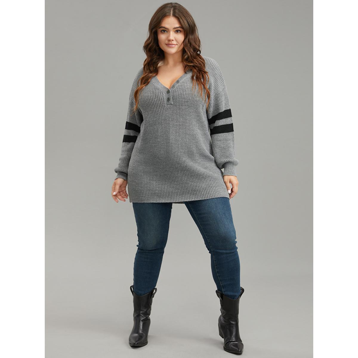 Plus Size Anti-Pilling Striped Button Detail Pullover DarkGray Women Casual Long Sleeve V-neck Dailywear Pullovers BloomChic 26/4X Product Image