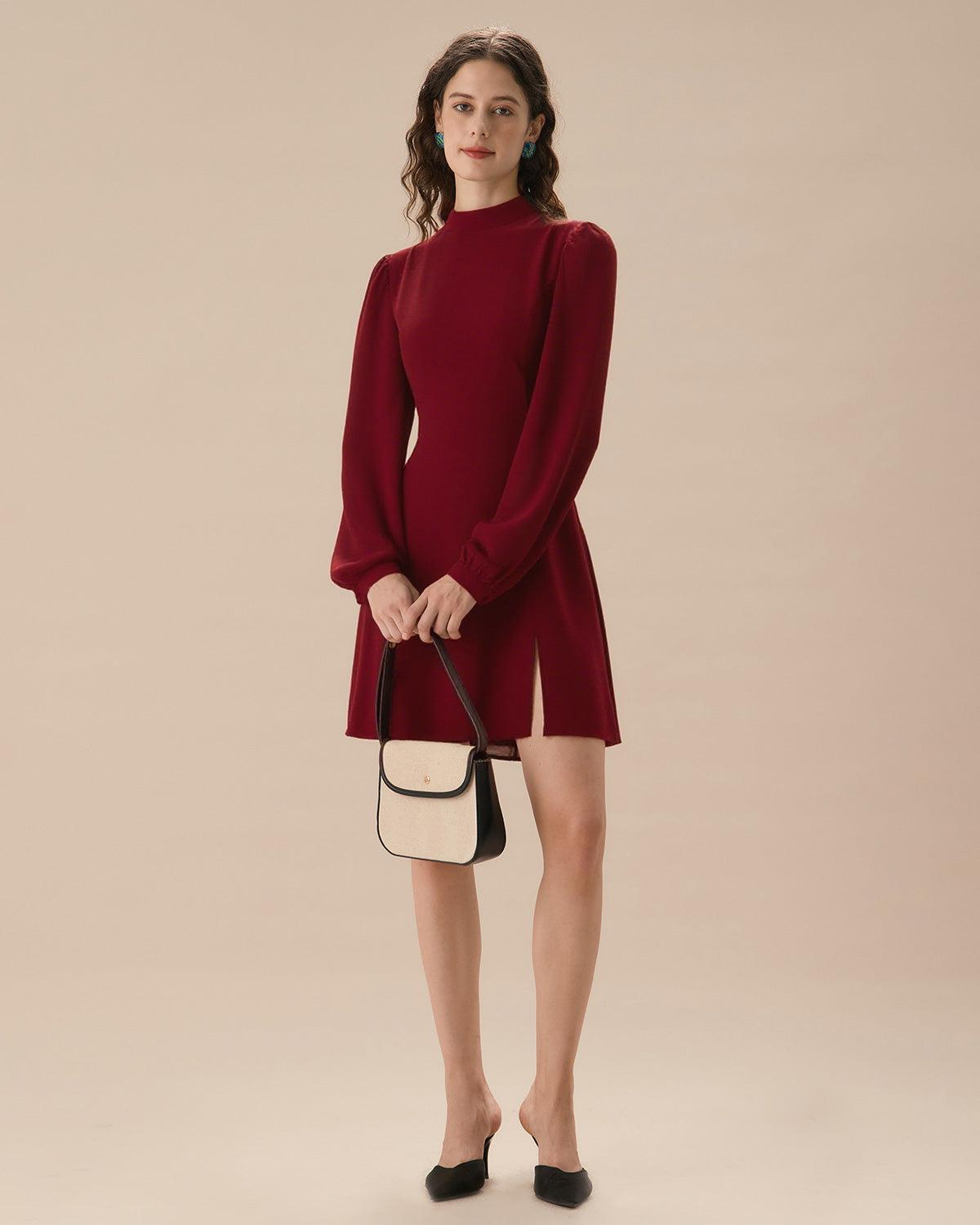 The Green Stand Collar Sheer Slit Mini Dress Product Image