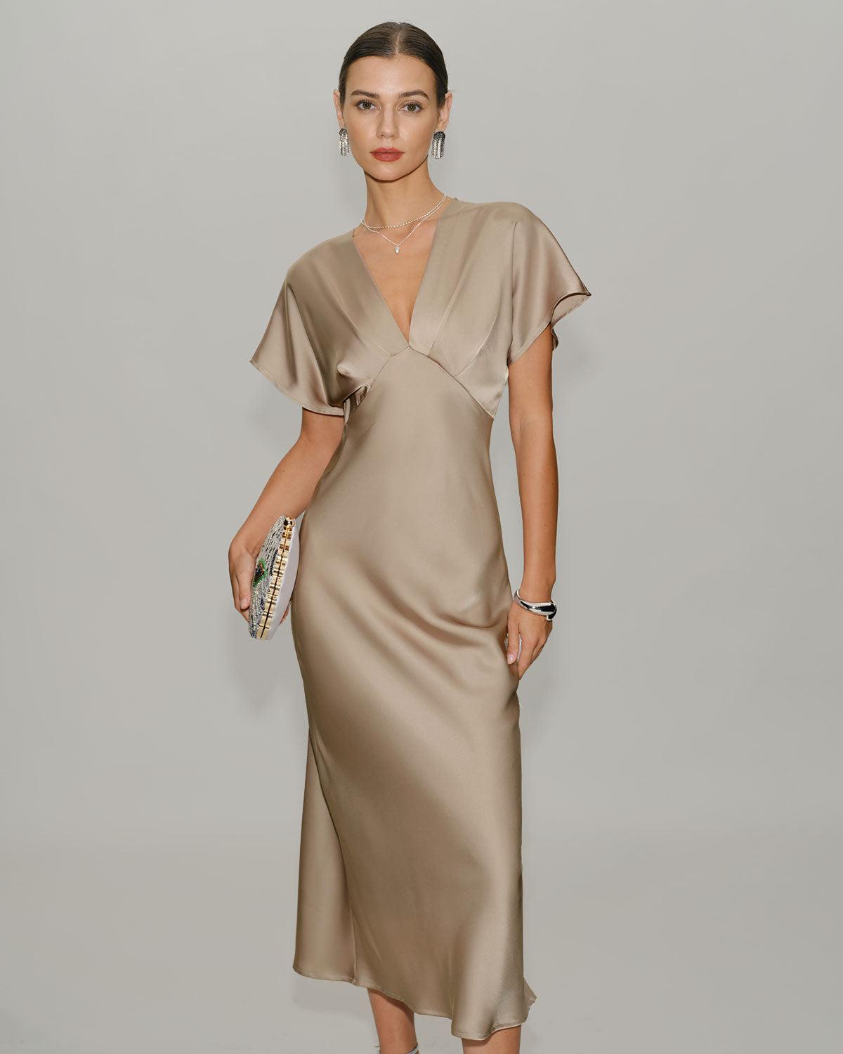 Apricot V Neck A-Line Satin Midi Dress Product Image