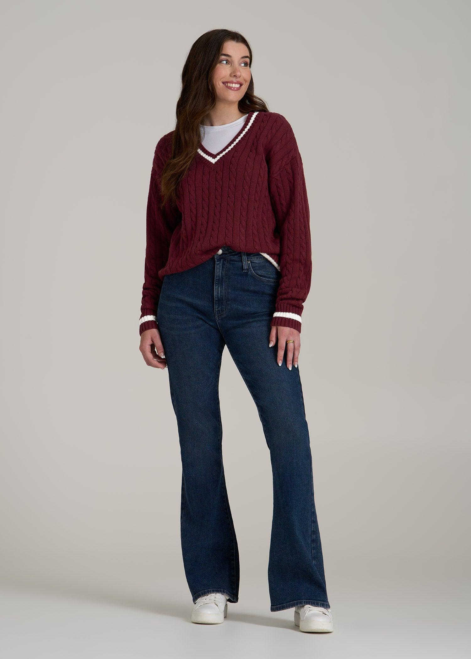 V-Neck Collegiate Sweater for Tall Women in Red Ochre and Winter White Female Product Image