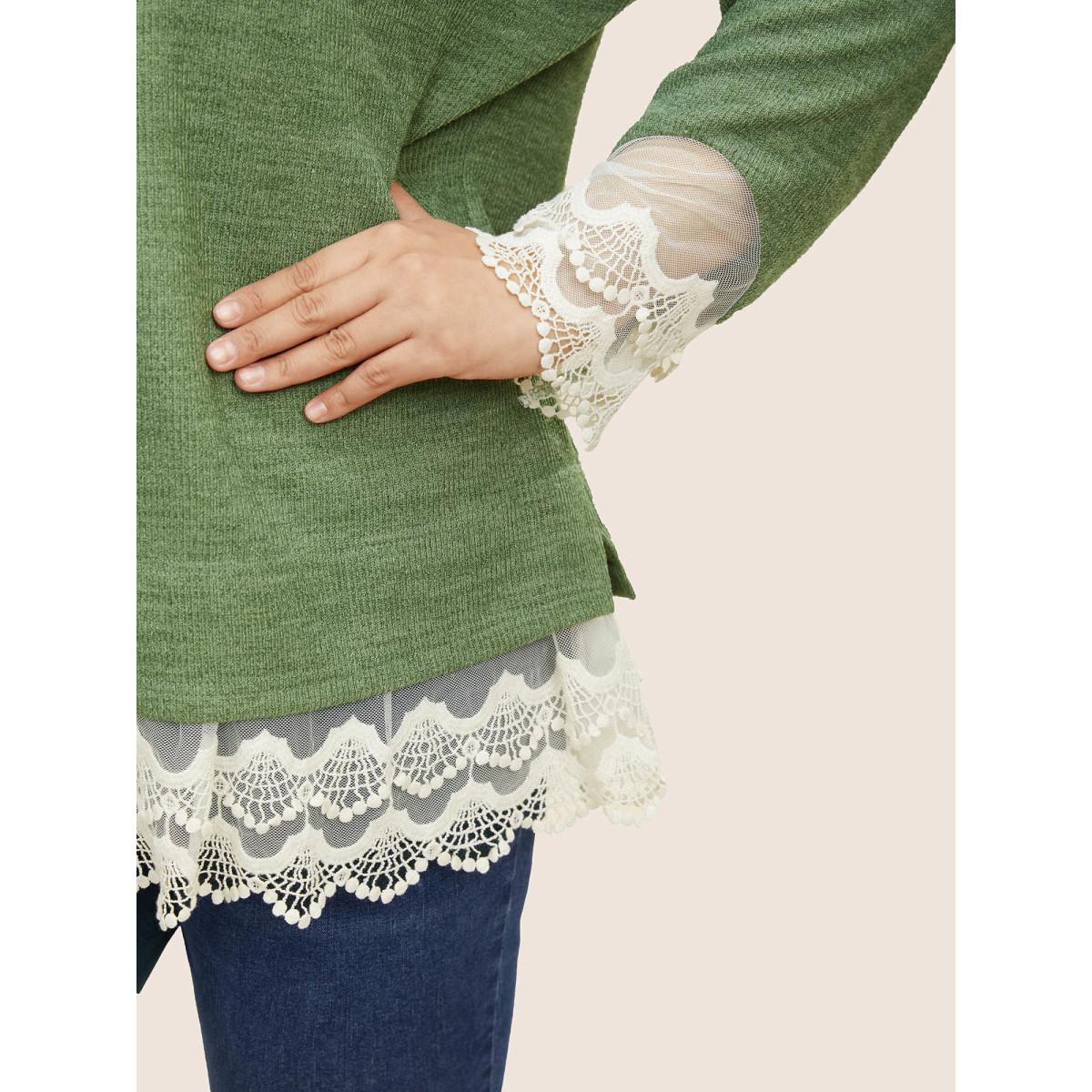 Plus Size Guipure Lace Raglan Sleeve Plisse Sweatshirt Women Green Elegant Embroidered Round Neck Everyday Sweatshirts BloomChic 14-16/1X Product Image