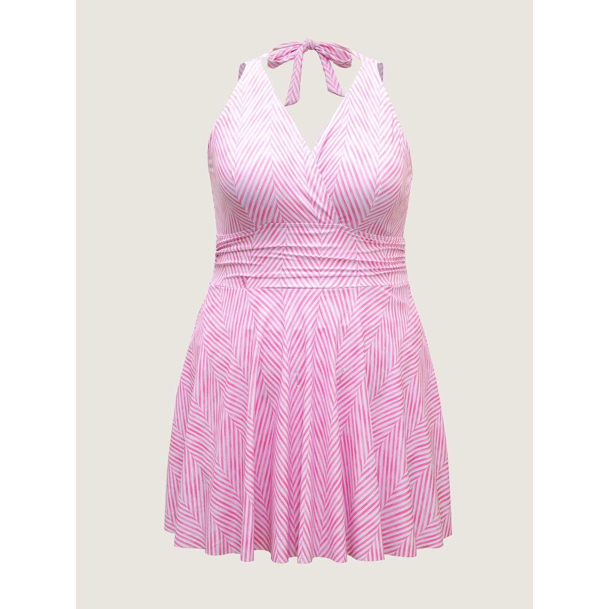 Plus Size Anti-Float Ties Stripes Swim Dress Women's Swimwear Beanpastepowder Resort Bodycon Overlap Collar High stretch Curve Swim Dresses BloomChic 18-20/2X Product Image