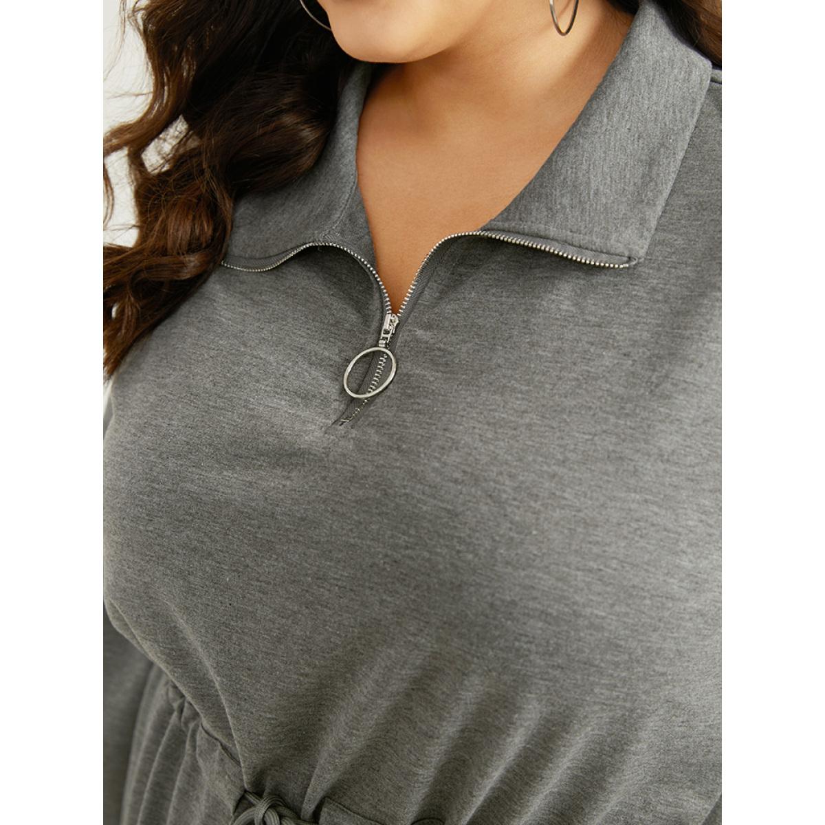 Plus Size Rib Knit Split Hem Drawstring Zipper Dress DimGray Women Casual Plain Lapel Collar Long Sleeve Curvy Midi Dress BloomChic 26/4X Product Image