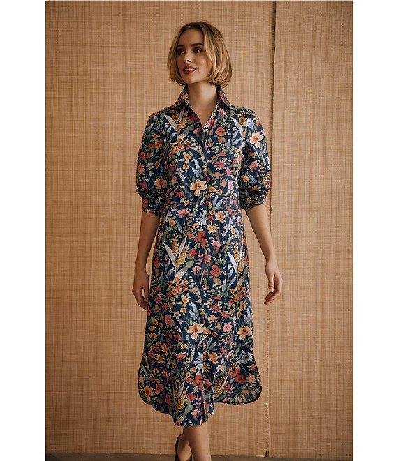 J.McLaughlin Davida Woven Watercolor Petal Print Shirt Collar 3/4 Sleeve Shirt Midi Dress Product Image