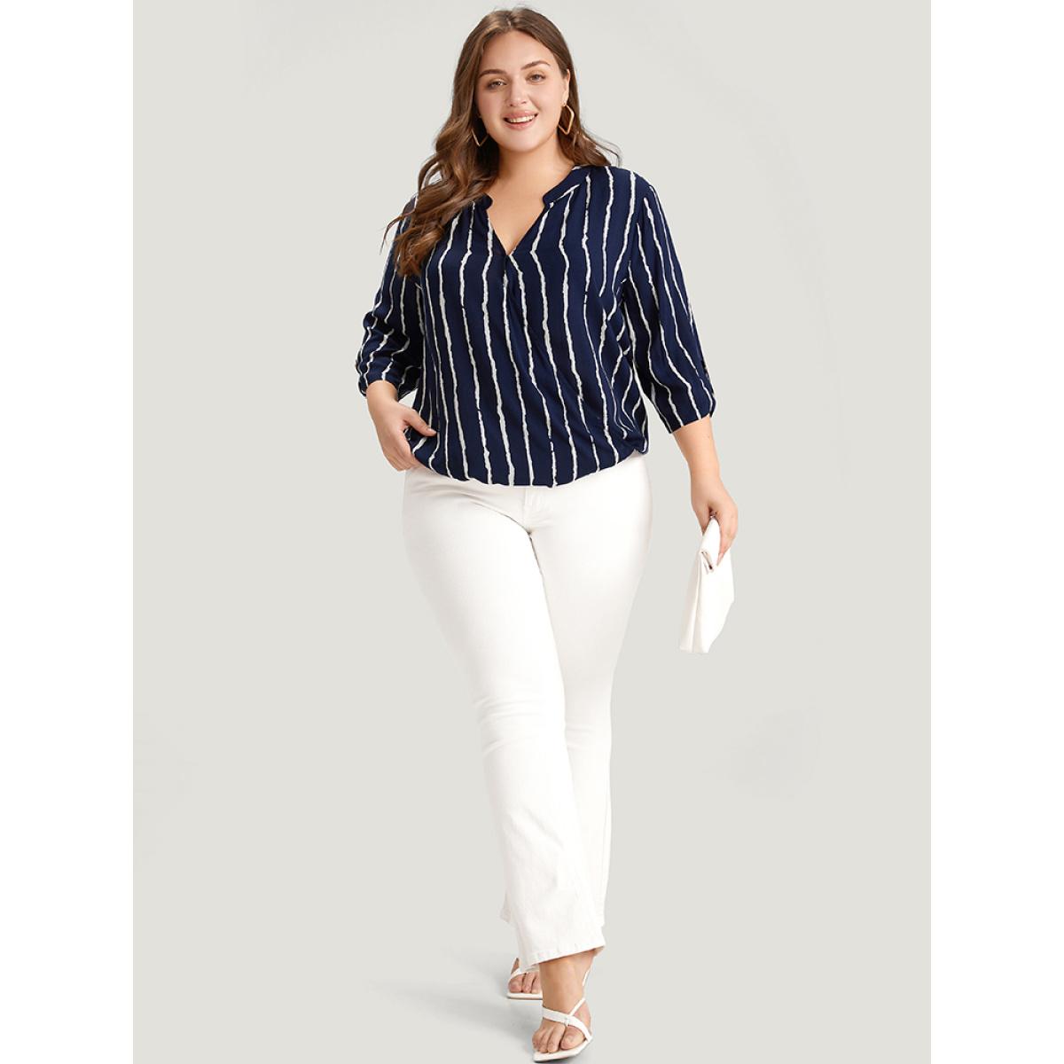 Plus Size Multicolor Striped Notched Three Quater Length Sleeve Blouse Women Office Elbow-length sleeve Notched collar Office Blouses BloomChic 18-20/2X Product Image
