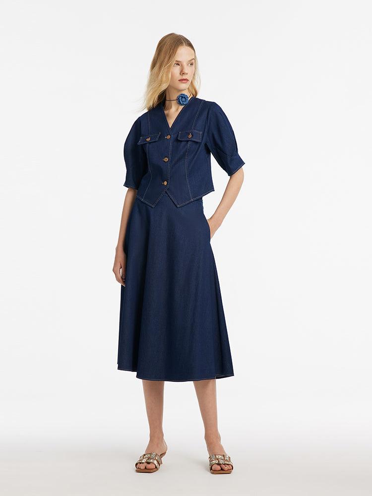 Denim V-Neck Top And Half Skirt Two-Piece Set Product Image